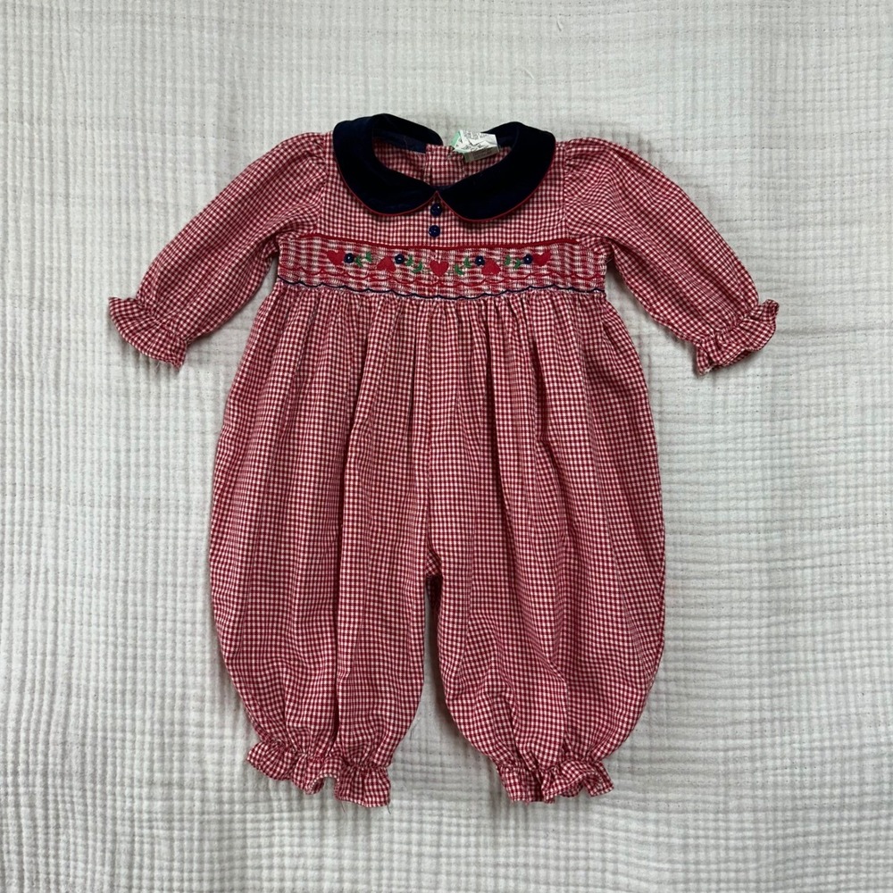 VTG Smocked Baby Girl Red Plaid Long Sleeve Bubble Romper Hearts Velvet Collar